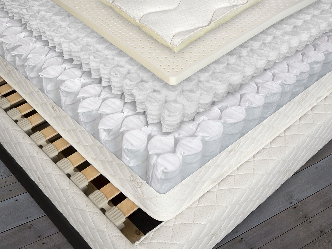 Organic cotton, French wool, 1" of 100% natural Vita Talalay latex + two layers of mini & honeycomb nested European springs make up our Double Coil Hybrid mattress