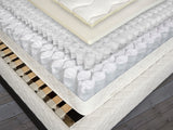 Organic cotton, French wool, 1" of 100% natural Vita Talalay latex + two layers of mini & honeycomb nested European springs make up our Double Coil Hybrid mattress